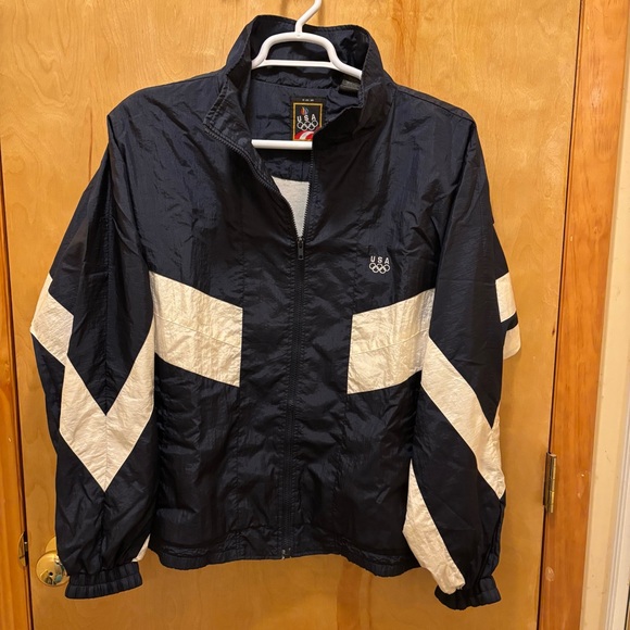 Retro 90s USA Olympics Navy Blue White Windbreaker Jacket Size Large - Picture 1 of 7